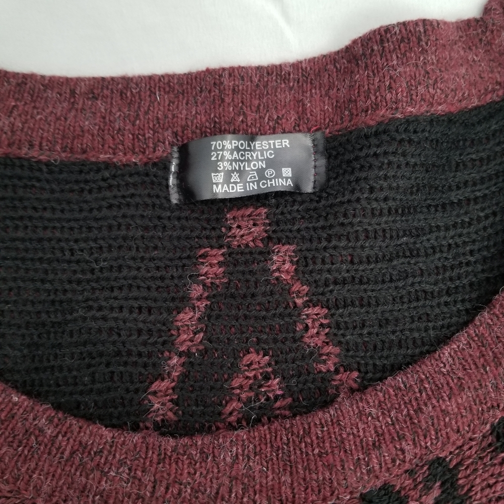 Maroon and Black Poncho with Fringe - Picture 4 of 4